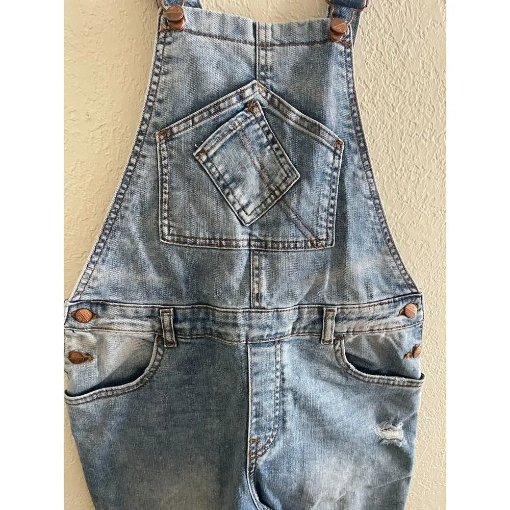 Zara Denim Distressed Bib Overall Girls Sz 13/14 Boho Vintage Jean Frayed Cotton